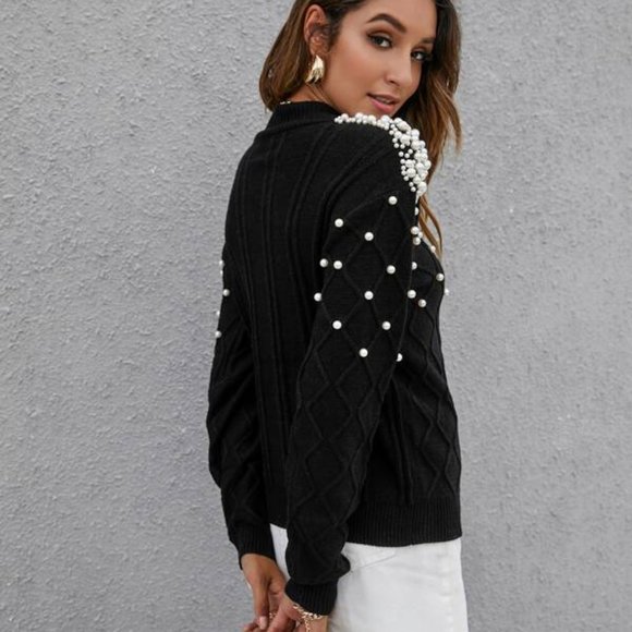 Collar Pearl Detail Drop Shoulder Sweater - Picture 6 of 6